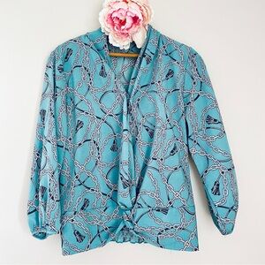 Ivory Light Blue Chain Print Blouse Small